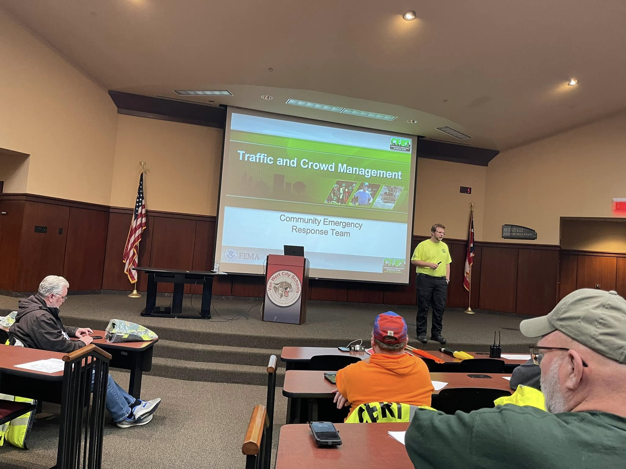 Van Wert CERT members learning traffic and crowd management in a classroom